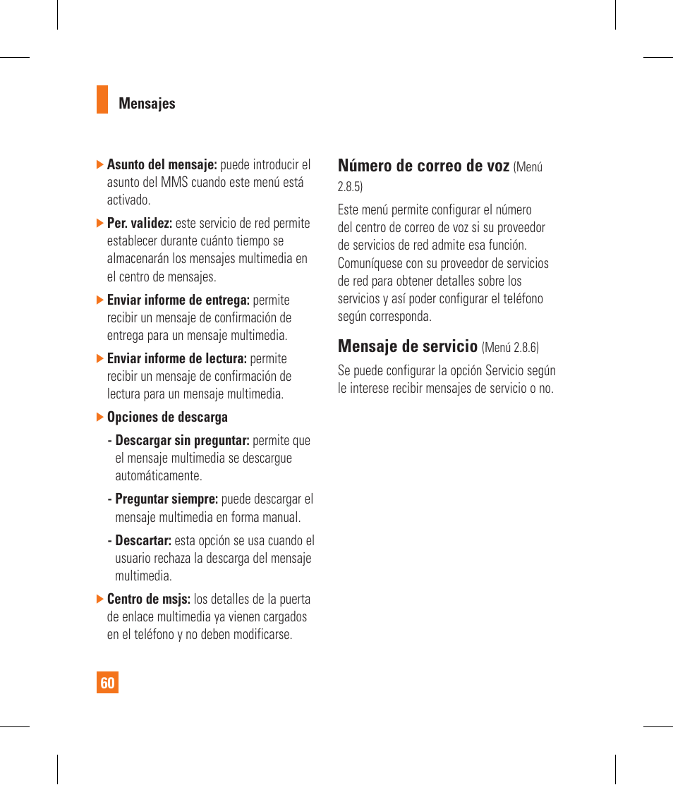 Número de correo de voz, Mensaje de servicio | LG CF360 User Manual | Page 193 / 262