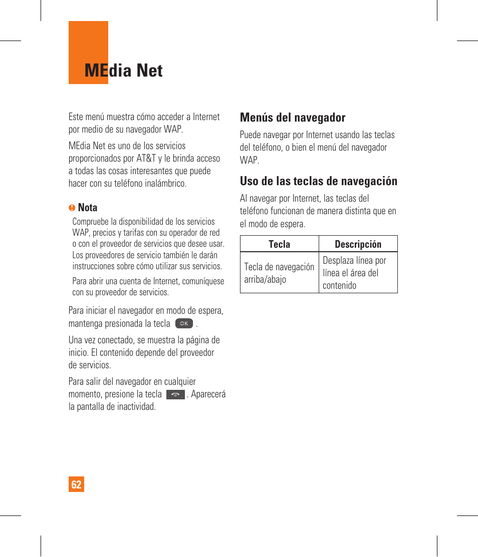 Media net, Menús del navegador, Uso de las teclas de navegación | LG CF360 User Manual | Page 195 / 262