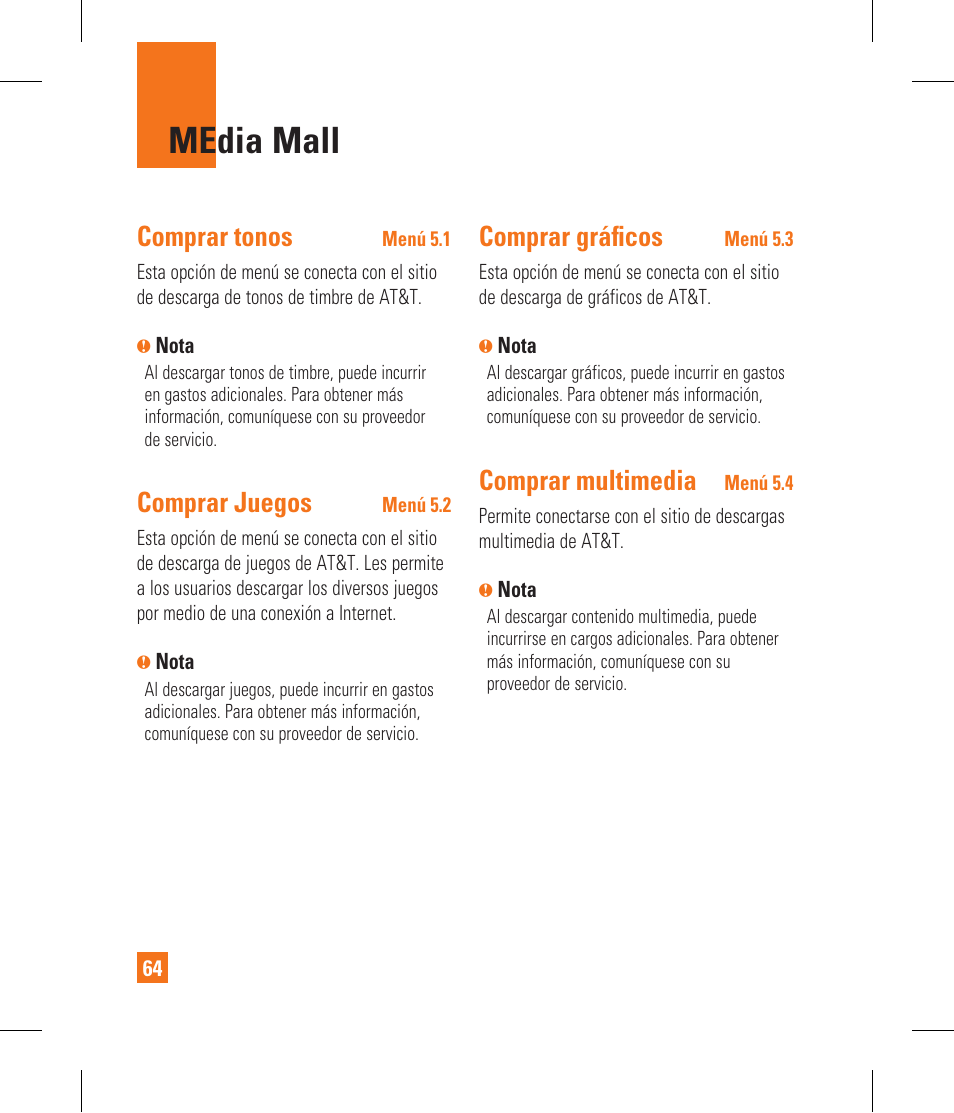 Media mall, Comprar tonos, Comprar juegos | Comprar gráfi cos, Comprar multimedia | LG CF360 User Manual | Page 197 / 262