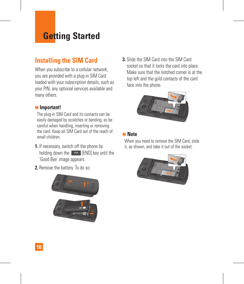 Getting started, Installing the sim card | LG CF360 User Manual | Page 20 / 262