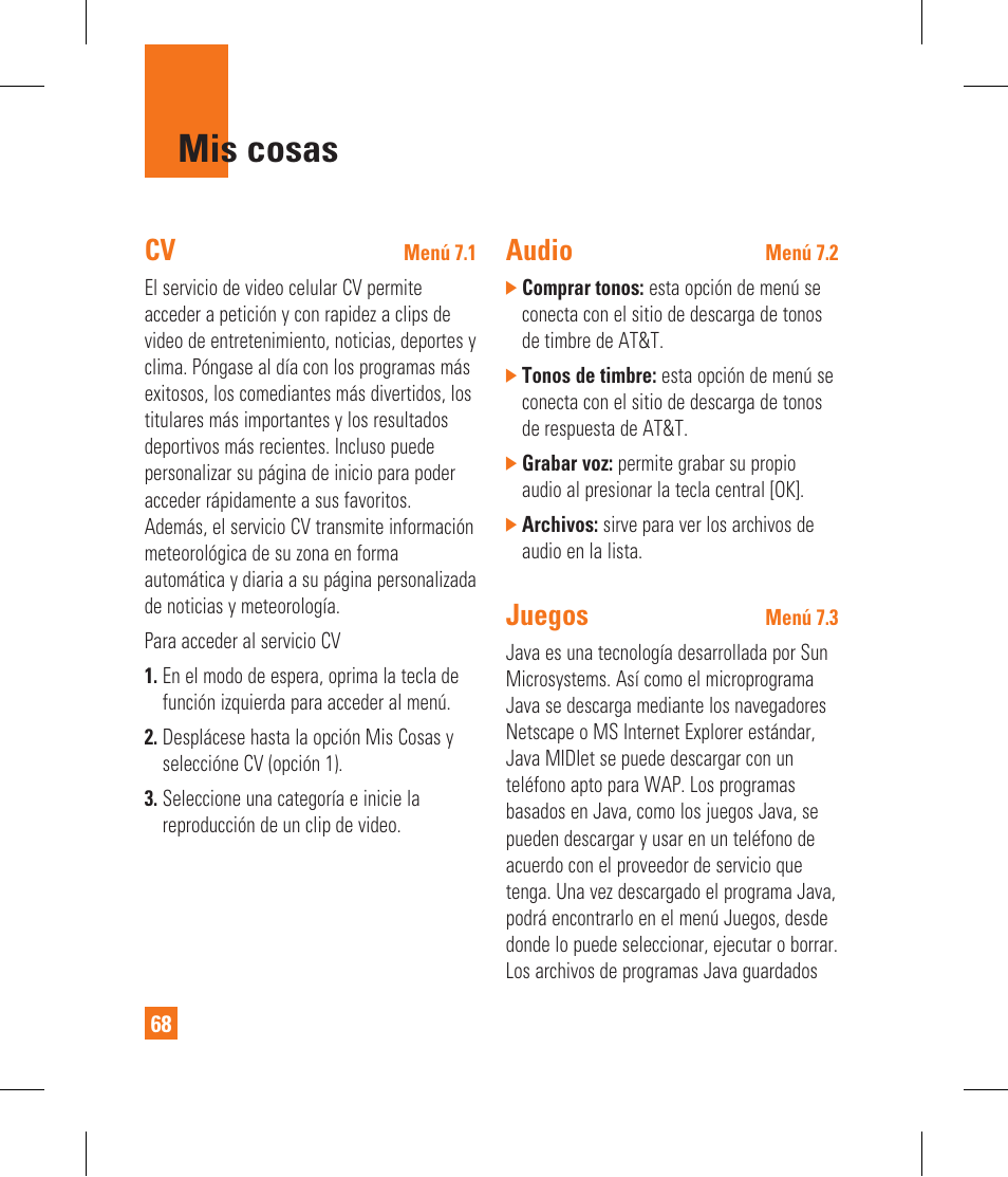 Mis cosas, Audio, Juegos | LG CF360 User Manual | Page 201 / 262