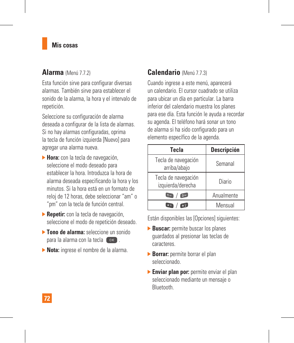 Alarma, Calendario | LG CF360 User Manual | Page 205 / 262