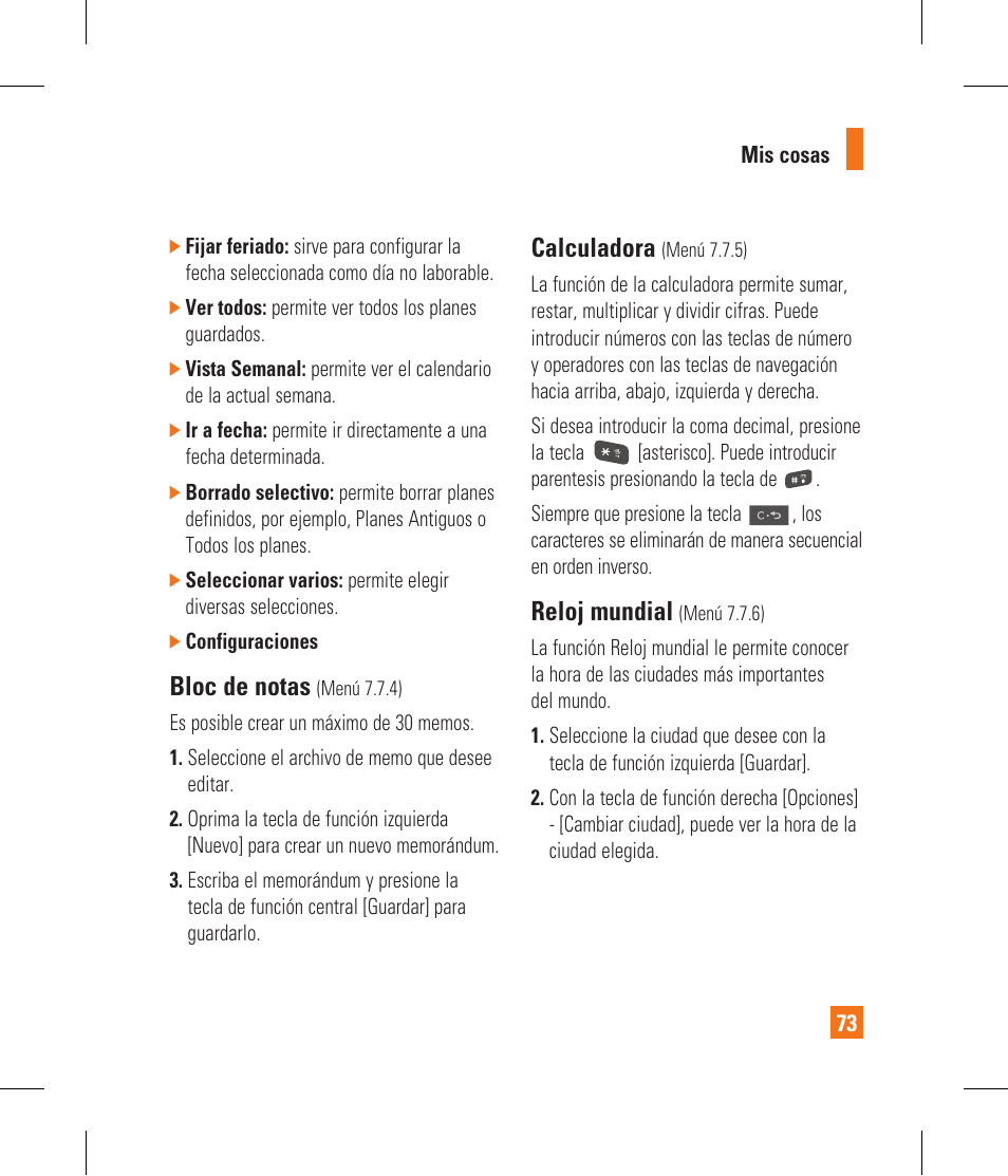 Bloc de notas, Calculadora, Reloj mundial | LG CF360 User Manual | Page 206 / 262