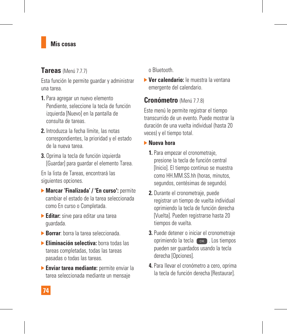 Tareas, Cronómetro | LG CF360 User Manual | Page 207 / 262