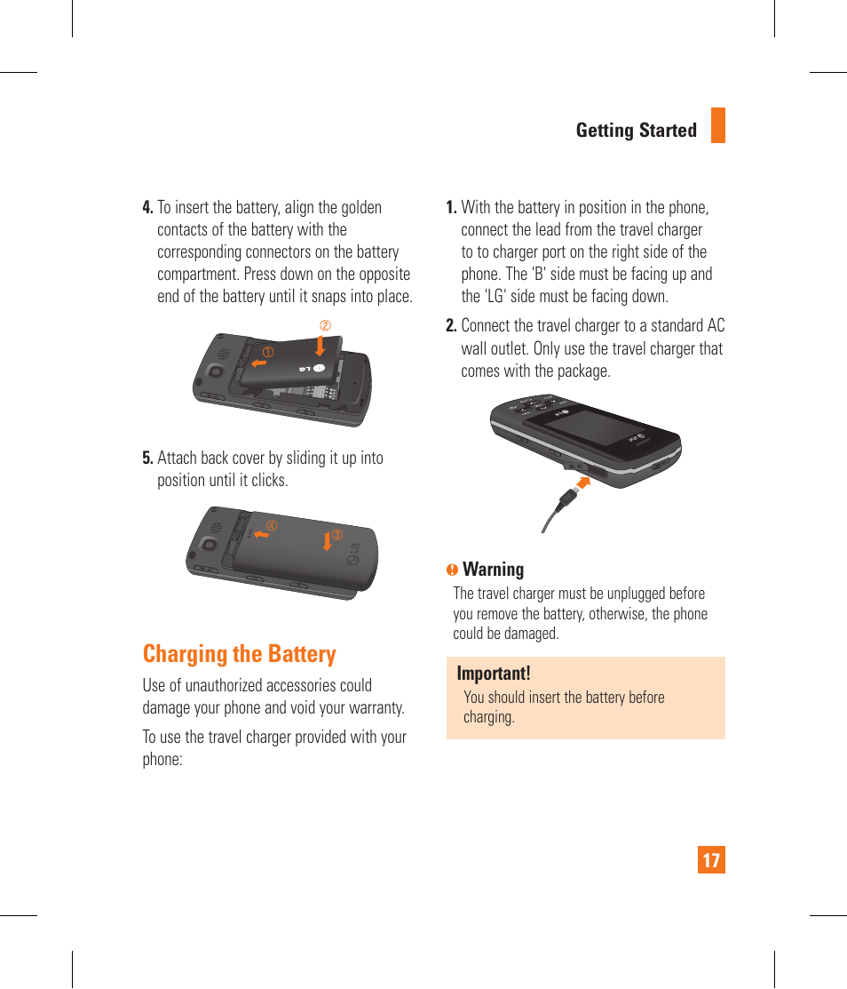 Charging the battery | LG CF360 User Manual | Page 21 / 262