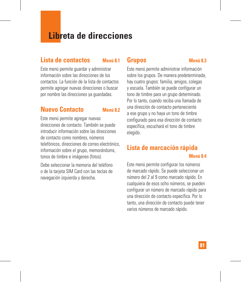 Libreta de direcciones, Lista de contactos, Nuevo contacto | Grupos, Lista de marcación rápida | LG CF360 User Manual | Page 214 / 262