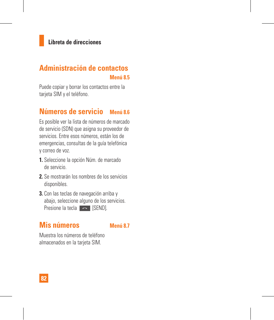 Administración de contactos, Números de servicio, Mis números | LG CF360 User Manual | Page 215 / 262