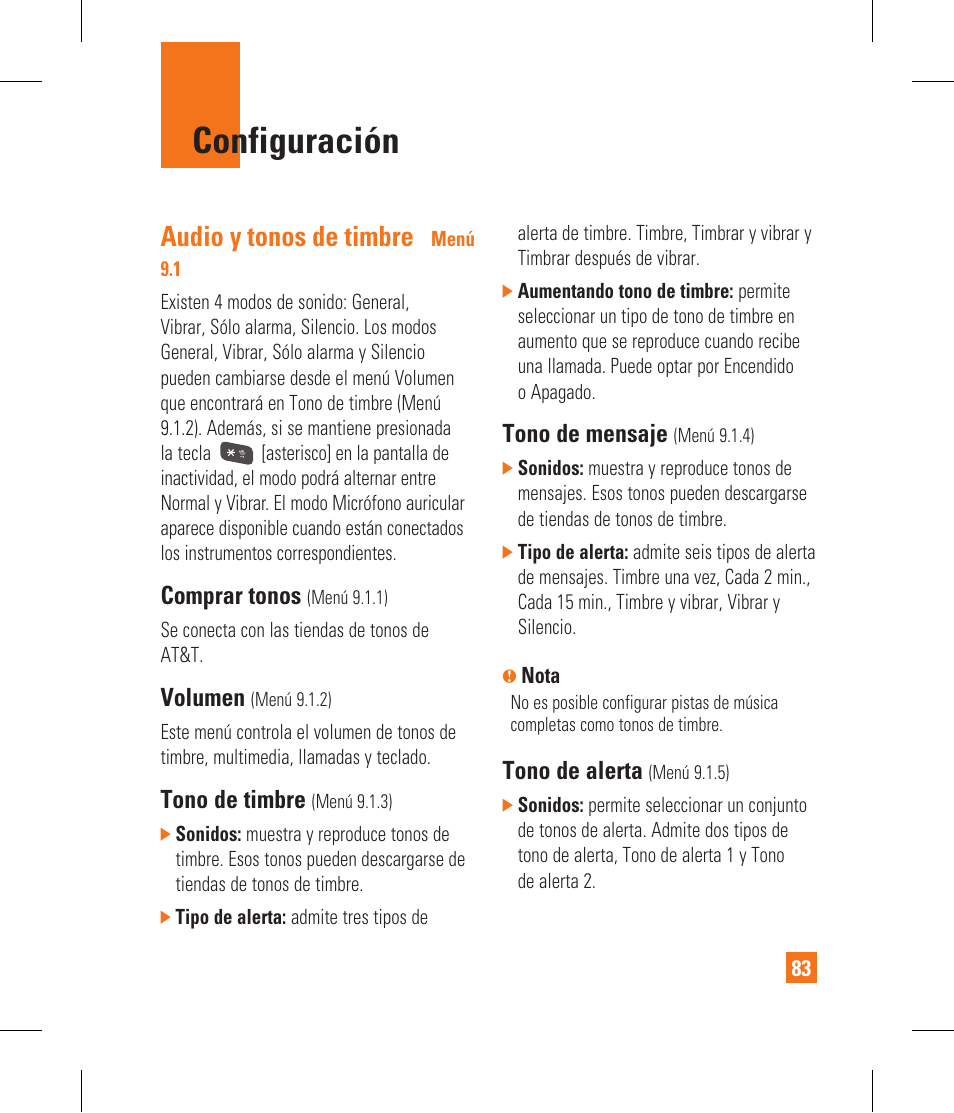 Configuración, Audio y tonos de timbre, Comprar tonos | Volumen, Tono de timbre, Tono de mensaje, Tono de alerta | LG CF360 User Manual | Page 216 / 262