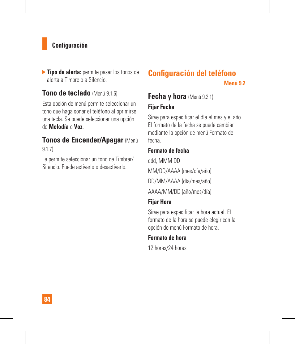 Confi guración del teléfono, Tono de teclado, Tonos de encender/apagar | Fecha y hora | LG CF360 User Manual | Page 217 / 262