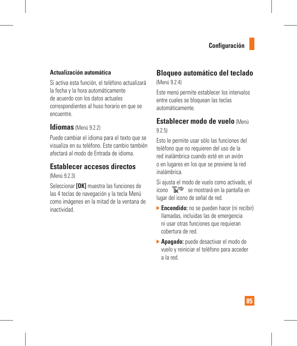 Idiomas, Establecer accesos directos, Bloqueo automático del teclado | Establecer modo de vuelo | LG CF360 User Manual | Page 218 / 262