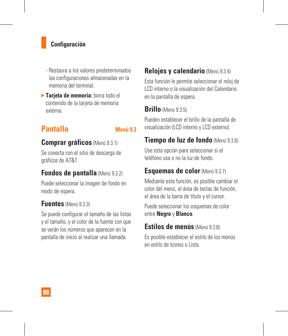 Pantalla, Comprar gráficos, Fondos de pantalla | Fuentes, Relojes y calendario, Brillo, Tiempo de luz de fondo, Esquemas de color, Estilos de menús | LG CF360 User Manual | Page 221 / 262