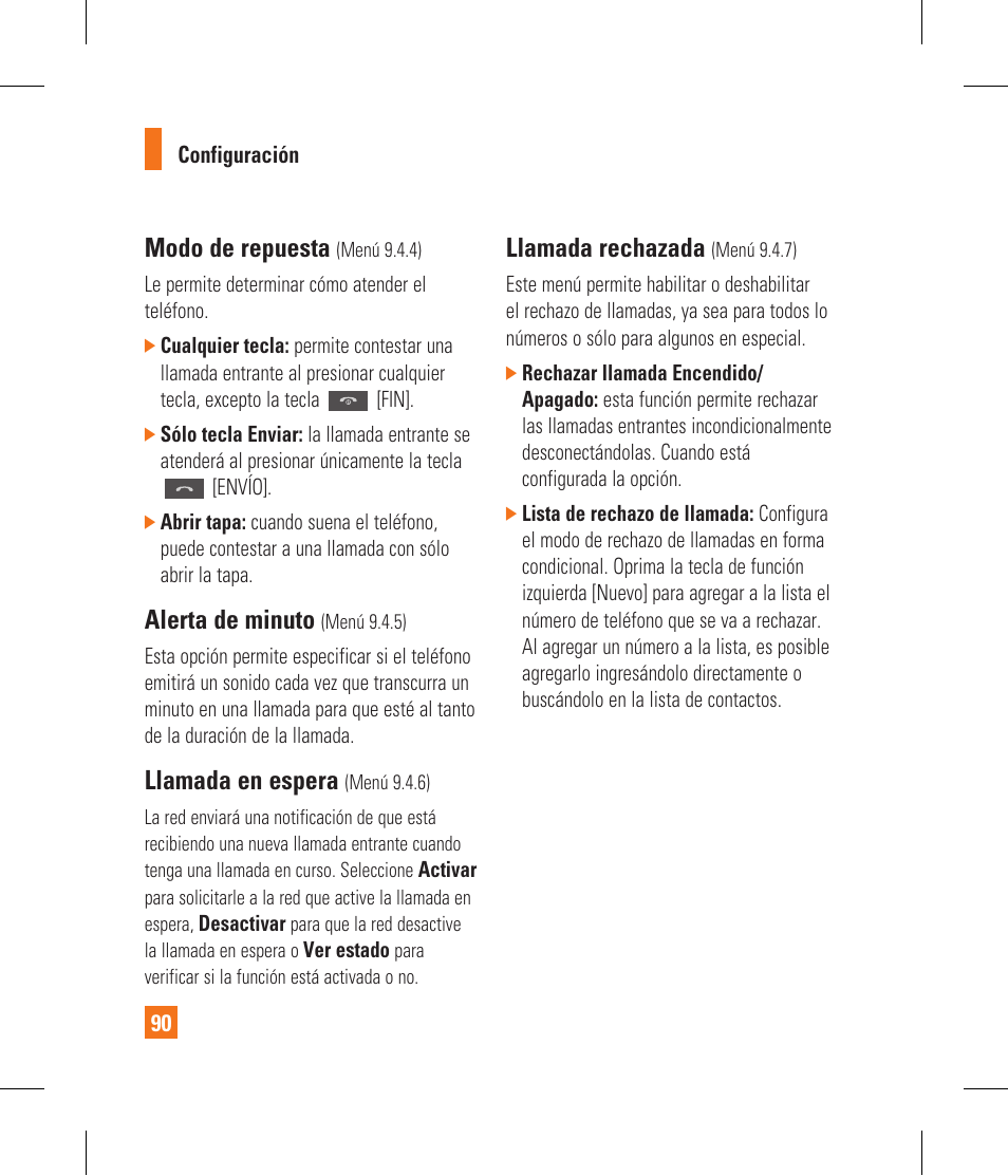Modo de repuesta, Alerta de minuto, Llamada en espera | Llamada rechazada | LG CF360 User Manual | Page 223 / 262