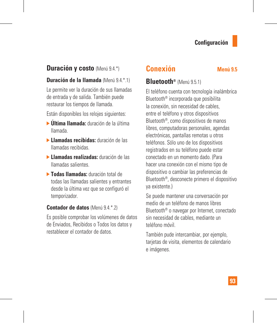 Conexión, Duración y costo, Bluetooth | LG CF360 User Manual | Page 226 / 262