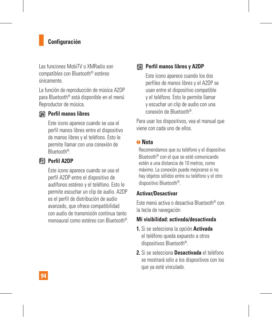 Configuración 94, Nota | LG CF360 User Manual | Page 227 / 262