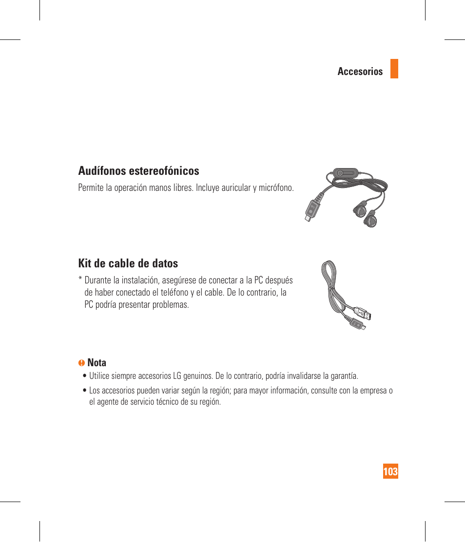 Audífonos estereofónicos, Kit de cable de datos | LG CF360 User Manual | Page 236 / 262