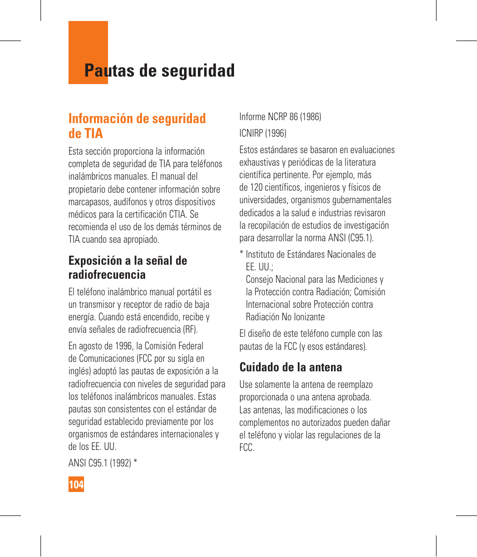 Pautas de seguridad, Información de seguridad de tia | LG CF360 User Manual | Page 237 / 262