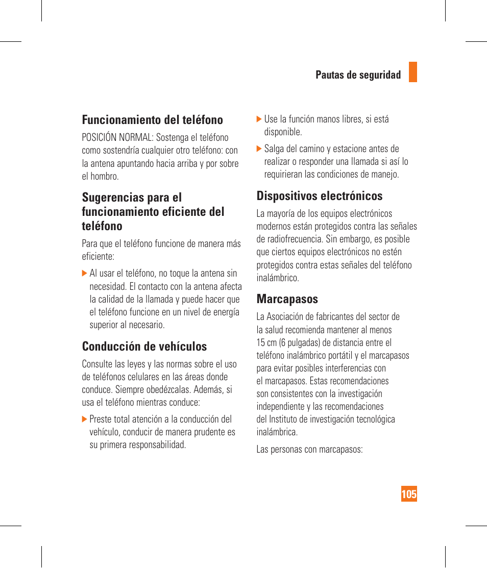 Funcionamiento del teléfono, Conducción de vehículos, Dispositivos electrónicos | Marcapasos | LG CF360 User Manual | Page 238 / 262