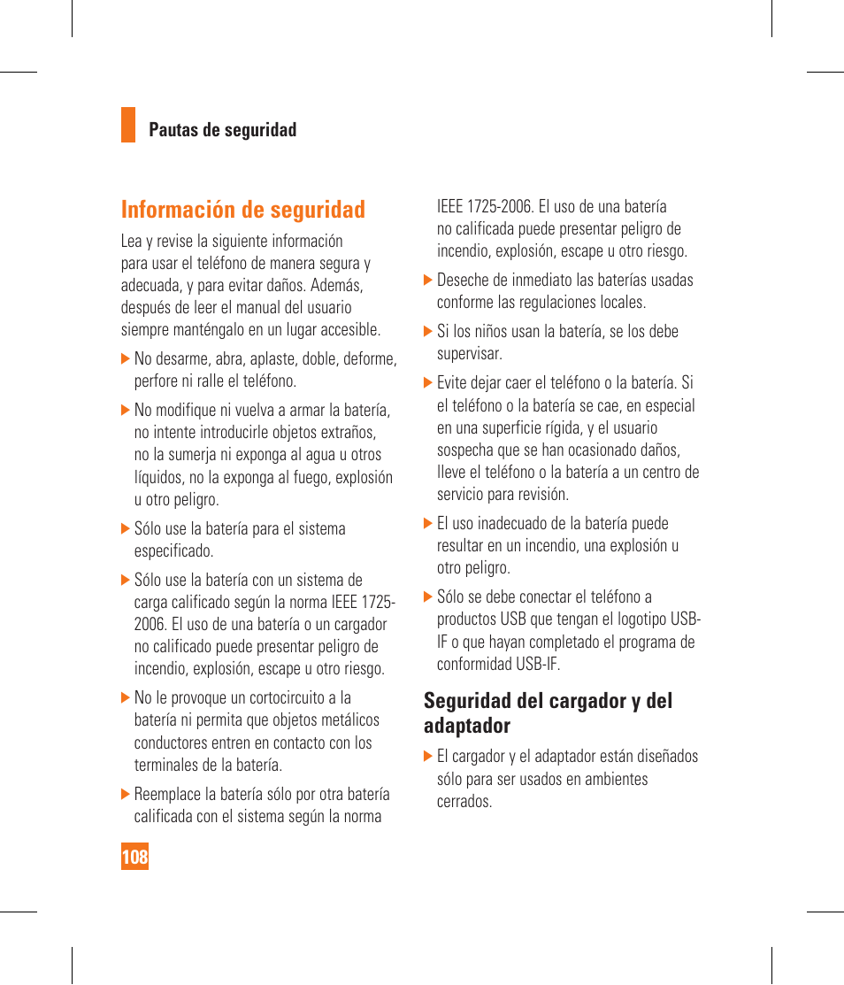Información de seguridad, Seguridad del cargador y del adaptador | LG CF360 User Manual | Page 241 / 262