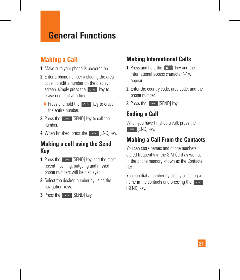 General functions, Making a call, Making a call using the send key | Making international calls, Ending a call, Making a call from the contacts | LG CF360 User Manual | Page 25 / 262