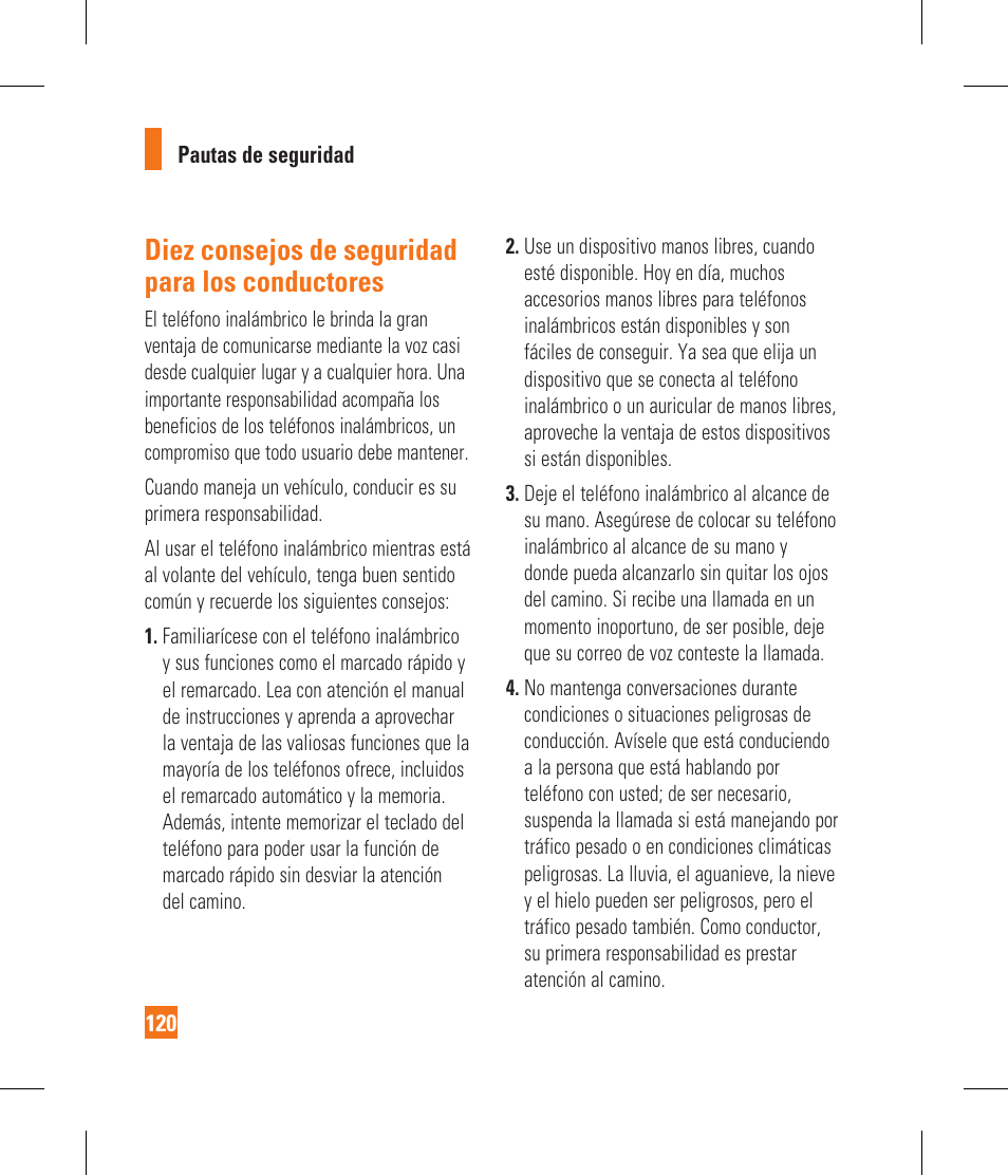 Diez consejos de seguridad para los conductores | LG CF360 User Manual | Page 253 / 262