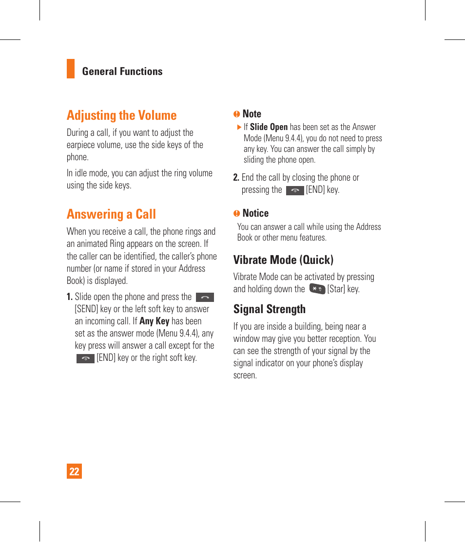 Adjusting the volume, Answering a call, Vibrate mode (quick) | Signal strength | LG CF360 User Manual | Page 26 / 262