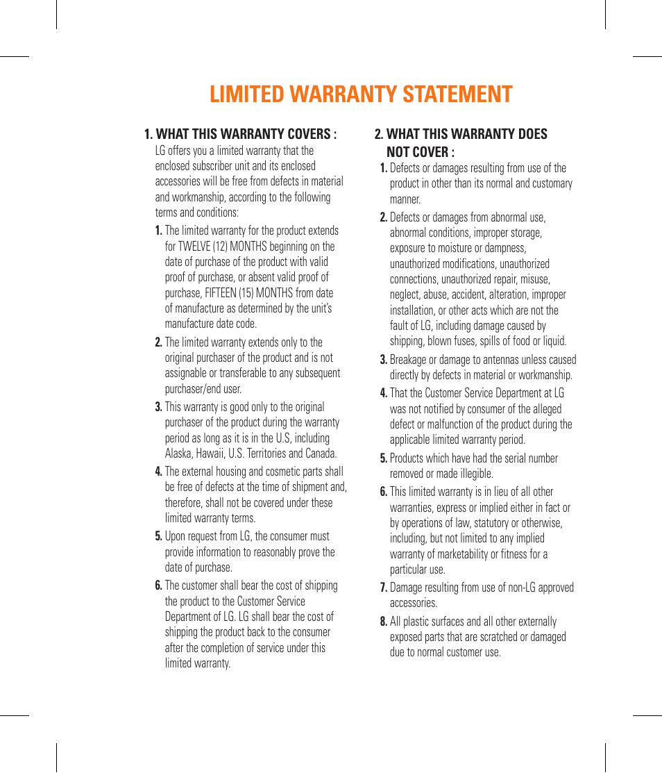 Limited warranty statement | LG CF360 User Manual | Page 3 / 262