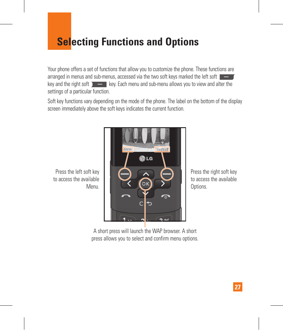 Selecting functions and options | LG CF360 User Manual | Page 31 / 262