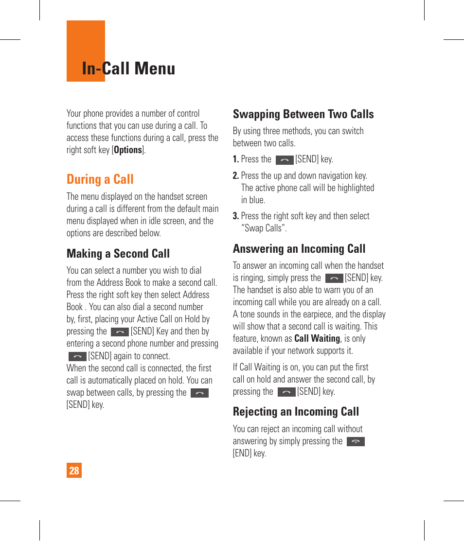 In-call menu, During a call | LG CF360 User Manual | Page 32 / 262