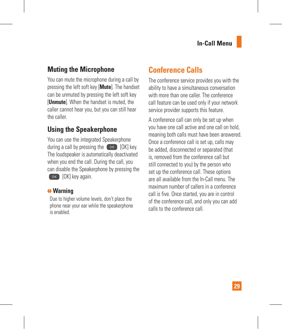 Conference calls, Muting the microphone, Using the speakerphone | LG CF360 User Manual | Page 33 / 262