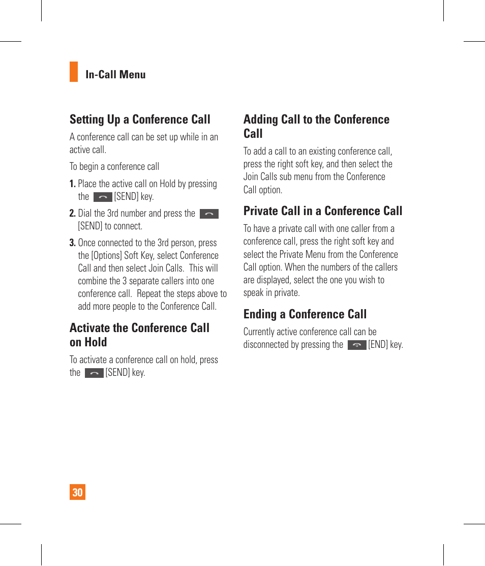 Setting up a conference call, Activate the conference call on hold, Adding call to the conference call | Private call in a conference call, Ending a conference call | LG CF360 User Manual | Page 34 / 262