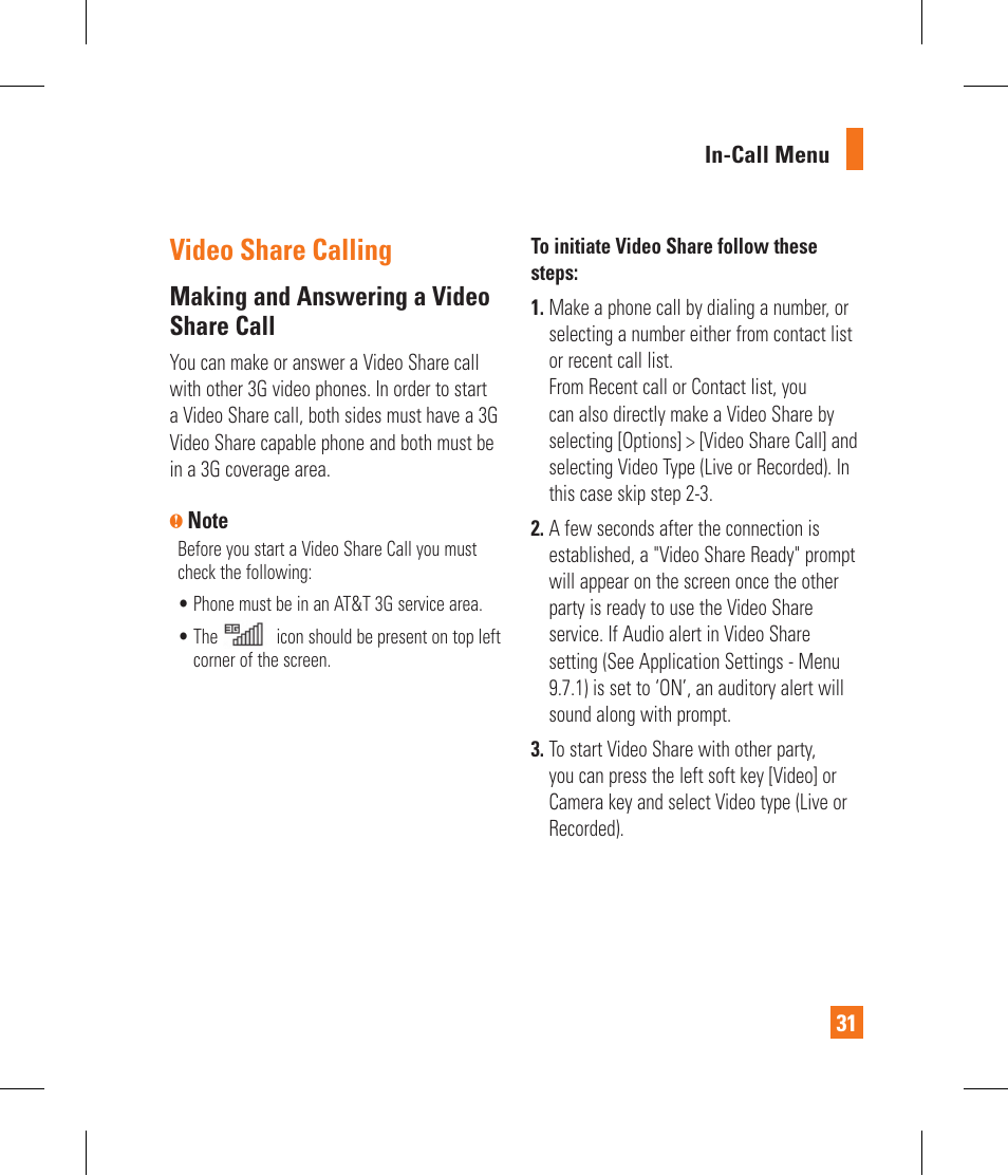 Video share calling, Making and answering a video share call | LG CF360 User Manual | Page 35 / 262