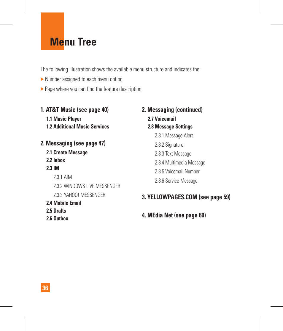 Menu tree | LG CF360 User Manual | Page 40 / 262