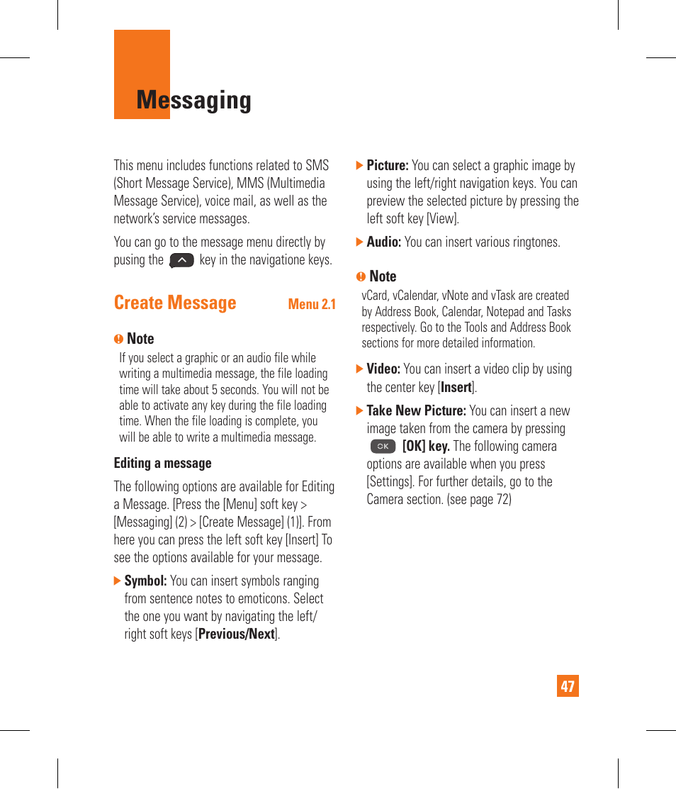 Messaging, Create message | LG CF360 User Manual | Page 51 / 262