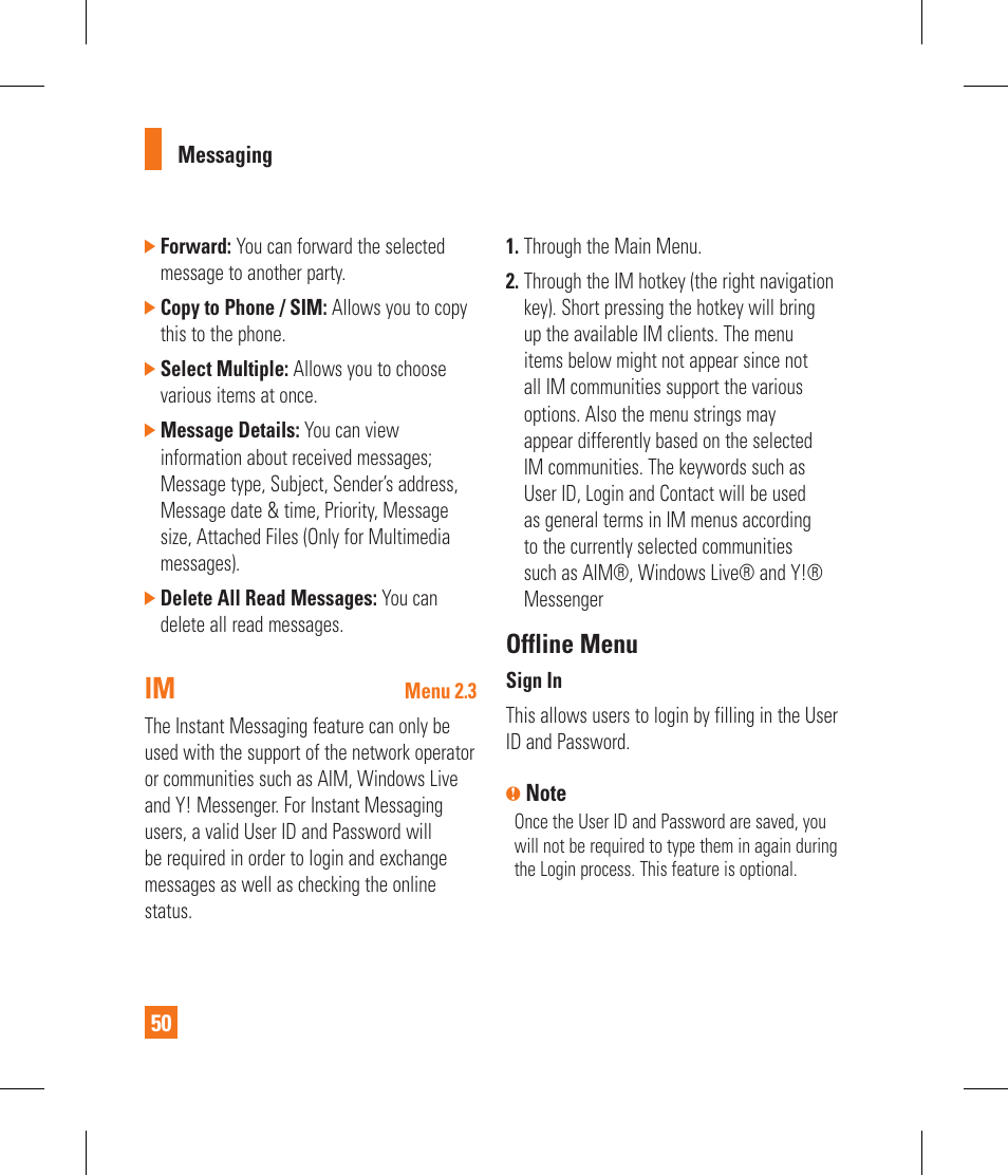 Offline menu | LG CF360 User Manual | Page 54 / 262
