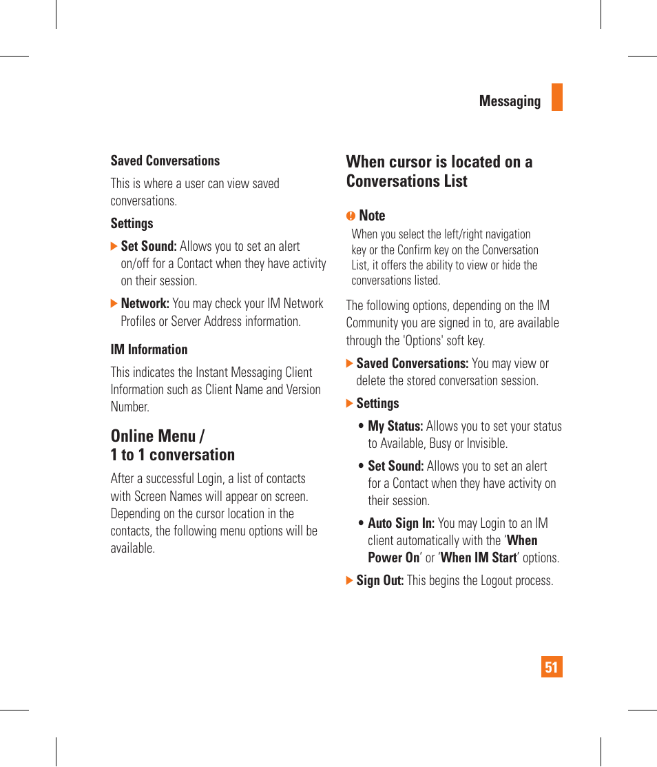 Online menu / 1 to 1 conversation, When cursor is located on a conversations list | LG CF360 User Manual | Page 55 / 262