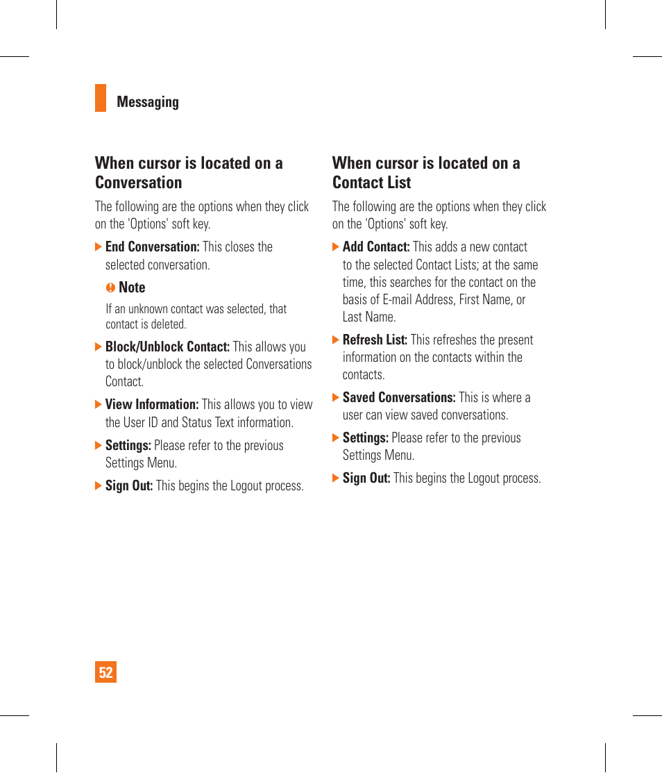 When cursor is located on a conversation, When cursor is located on a contact list | LG CF360 User Manual | Page 56 / 262