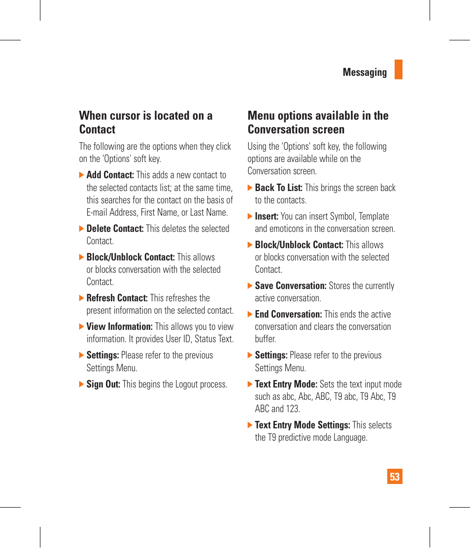 When cursor is located on a contact, Menu options available in the conversation screen | LG CF360 User Manual | Page 57 / 262