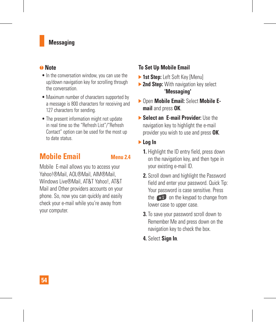 Mobile email | LG CF360 User Manual | Page 58 / 262