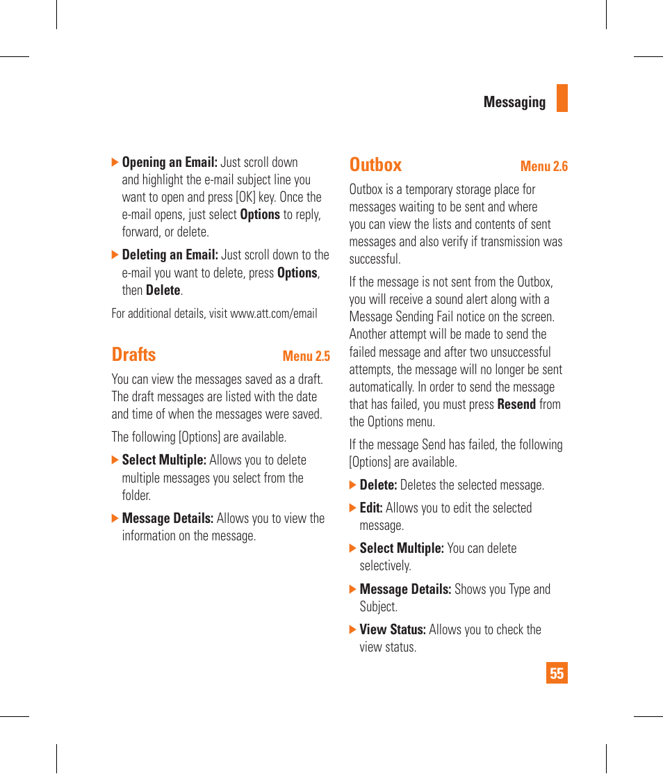 Drafts, Outbox | LG CF360 User Manual | Page 59 / 262