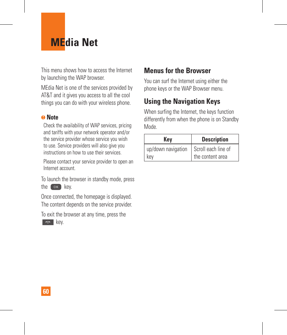 Media net, Menus for the browser, Using the navigation keys | LG CF360 User Manual | Page 64 / 262