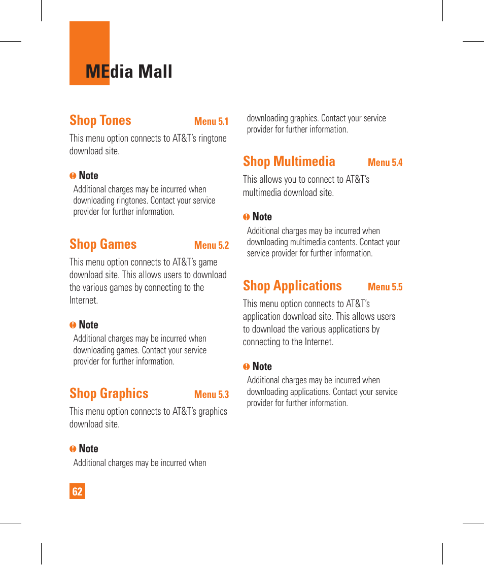 Media mall, Shop tones, Shop games | Shop graphics, Shop multimedia, Shop applications | LG CF360 User Manual | Page 66 / 262