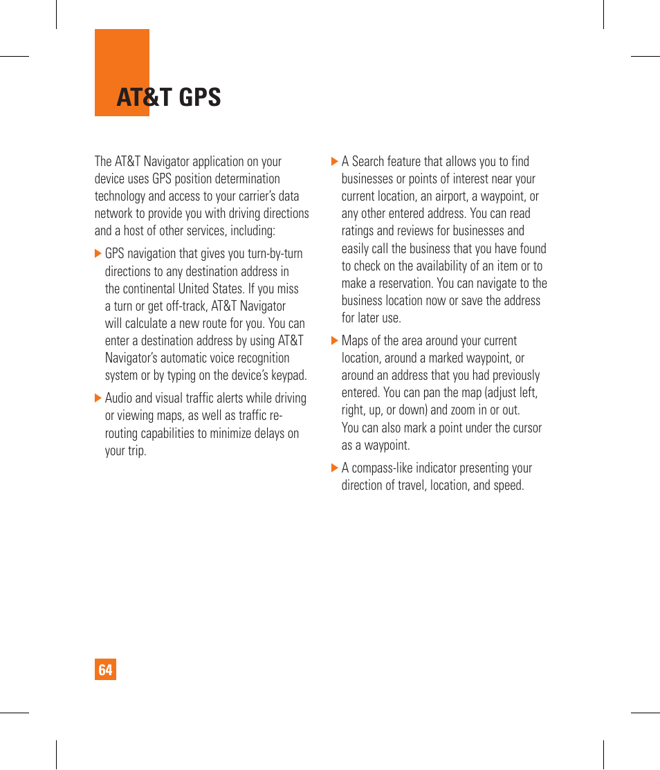 At&t gps | LG CF360 User Manual | Page 68 / 262