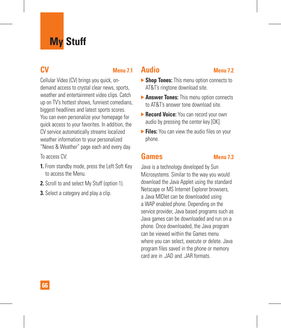 My stuff, Audio, Games | LG CF360 User Manual | Page 70 / 262