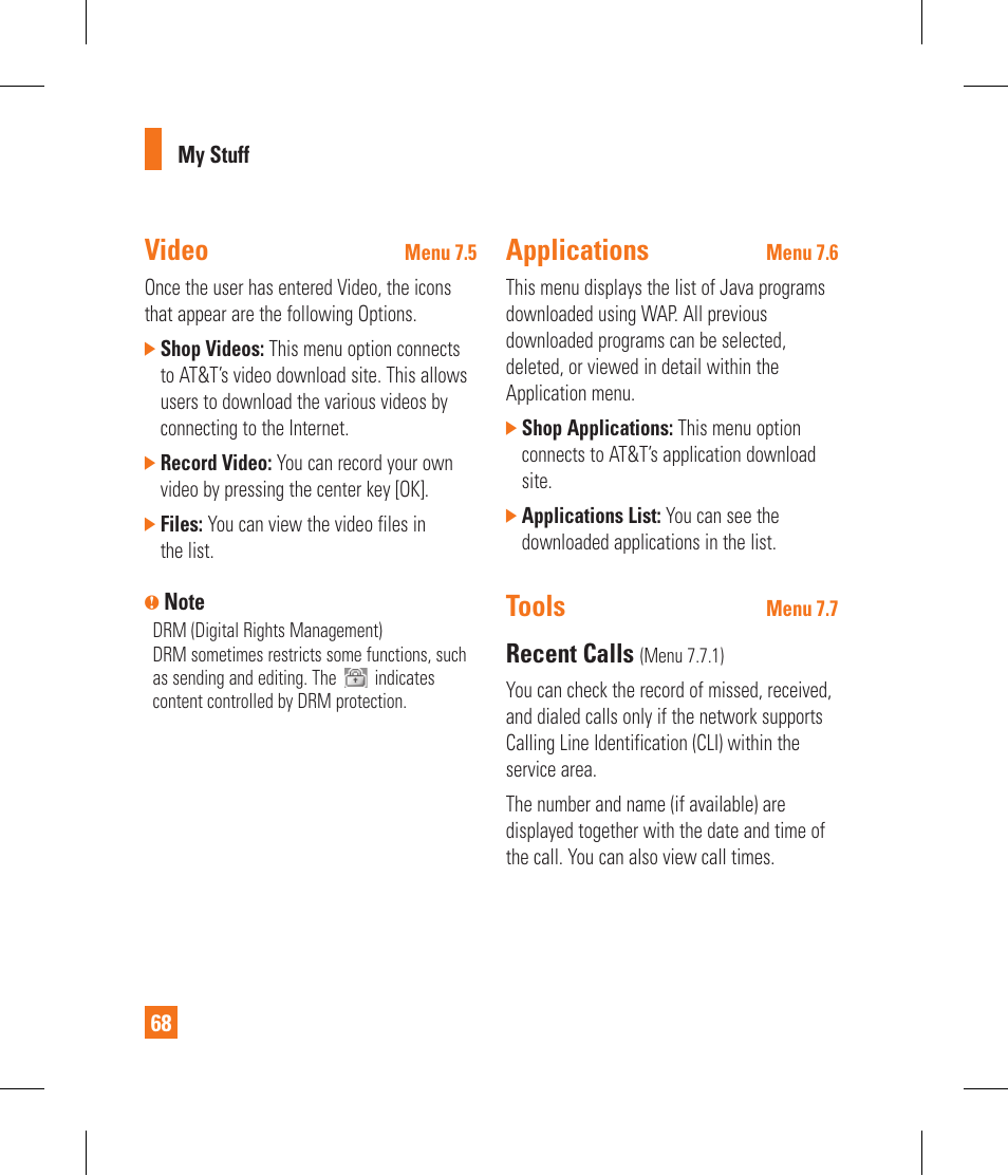 Video, Applications, Tools | Recent calls | LG CF360 User Manual | Page 72 / 262