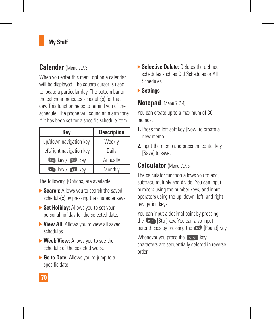 Calendar, Calculator | LG CF360 User Manual | Page 74 / 262