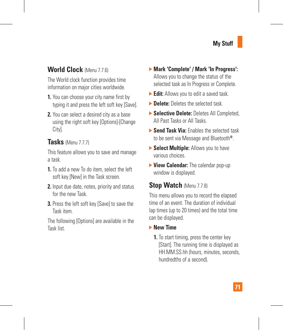 World clock, Tasks, Stop watch | LG CF360 User Manual | Page 75 / 262