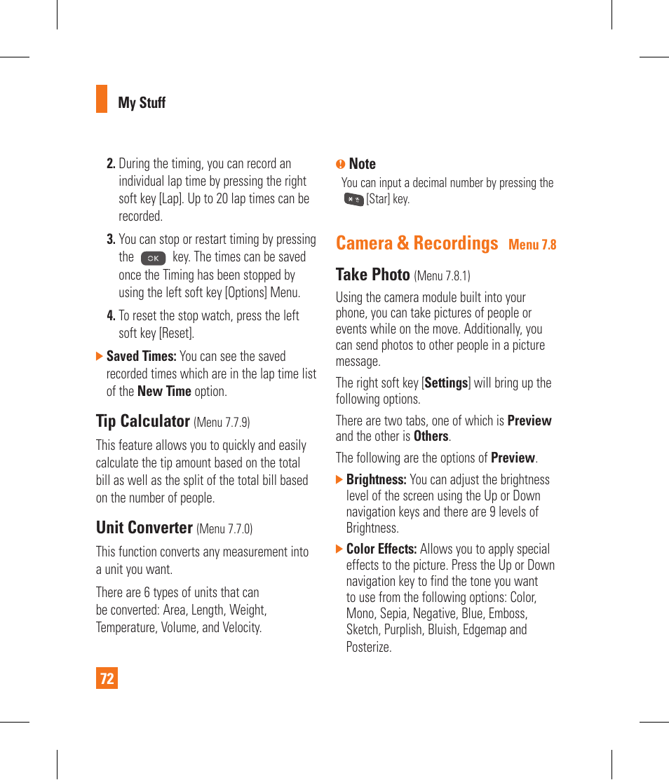 Camera & recordings, Tip calculator, Unit converter | Take photo | LG CF360 User Manual | Page 76 / 262