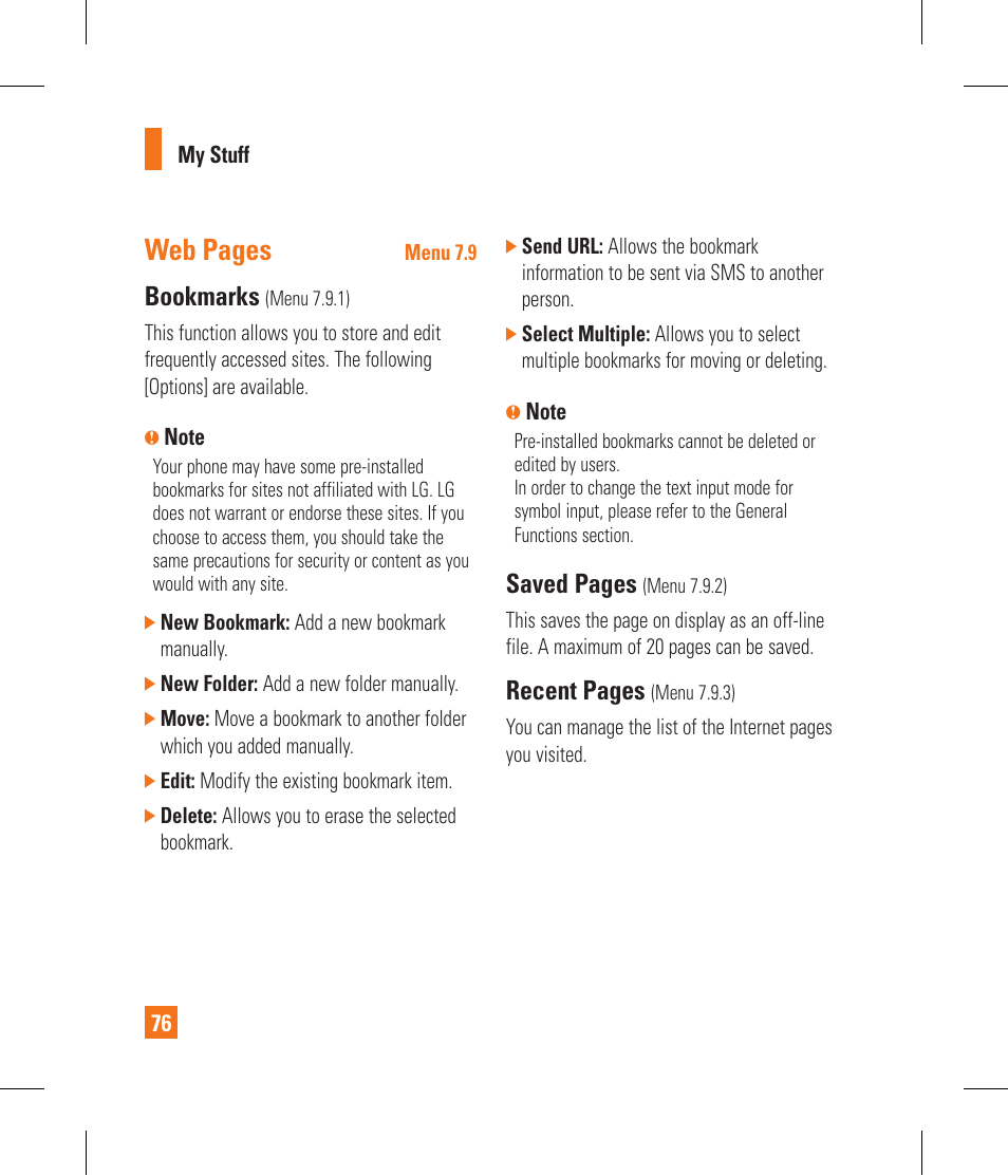 Web pages, Bookmarks, Saved pages | Recent pages | LG CF360 User Manual | Page 80 / 262