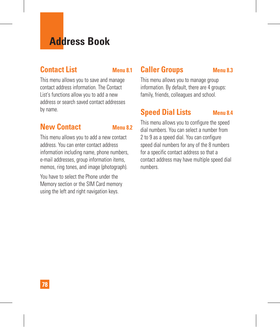 Address book, Contact list, New contact | Caller groups, Speed dial lists | LG CF360 User Manual | Page 82 / 262