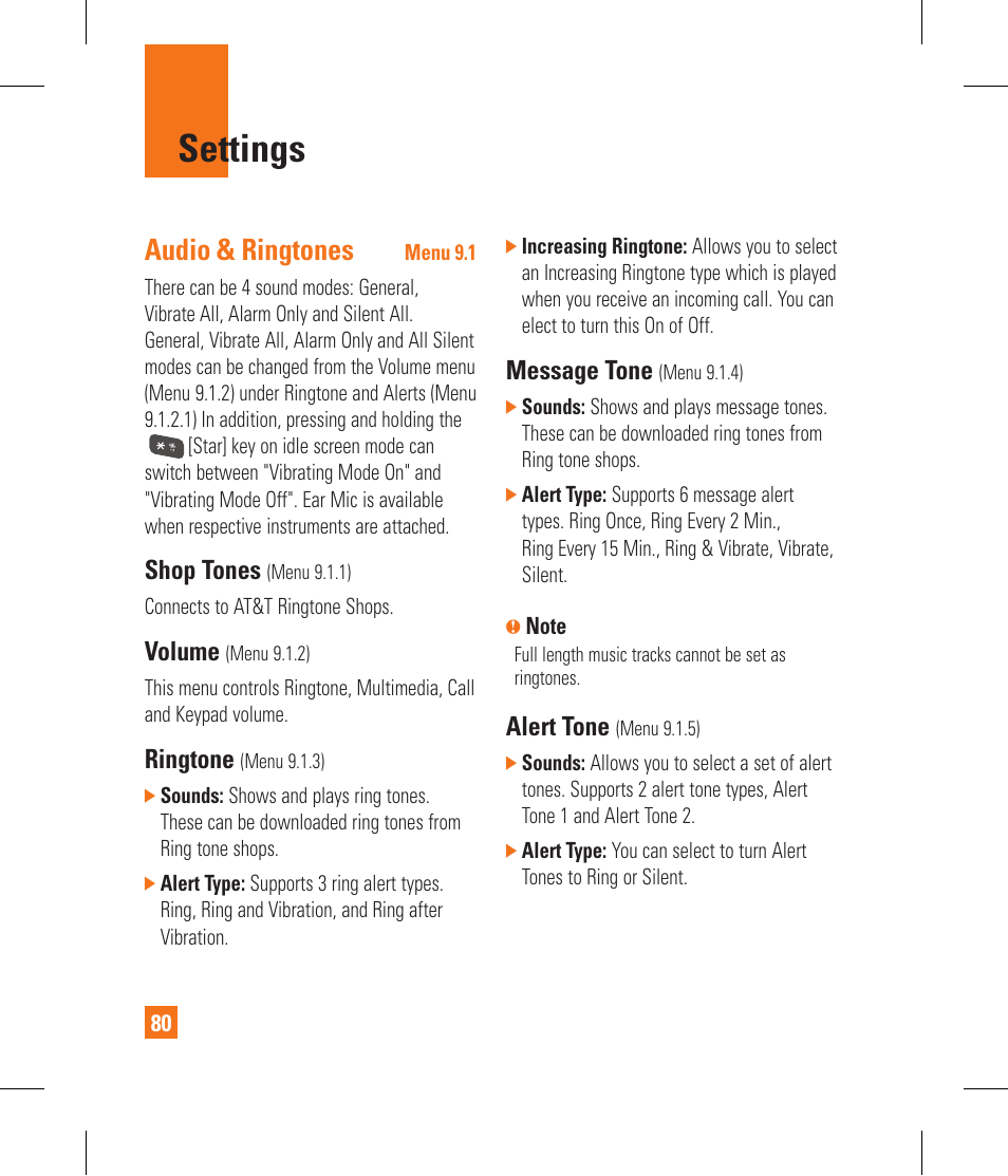 Settings, Audio & ringtones, Shop tones | Volume, Ringtone, Message tone, Alert tone | LG CF360 User Manual | Page 84 / 262